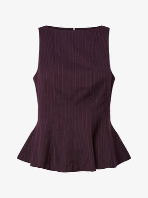 Pruimenkleurige peplumtop met verticale streepdessin, mouwloos ontwerp, ronde halslijn en ritssluiting aan de achterkant. Getailleerde pasvorm met flared zoom.