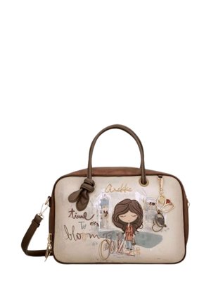 Borsa beige e marrone con un disegno di una ragazza, una bicicletta e testo con scritto ""time to bloom"" e ""Anekke"" sul davanti.