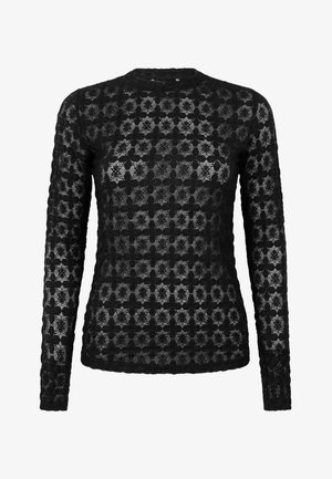 Zwarte lange mouwen kanttop met bloemmotieven en een ronde halslijn, semi-transparant met een getailleerde pasvorm.