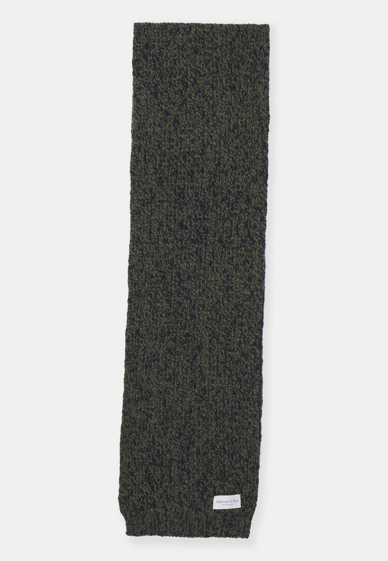 Sciarpa lavorata a maglia di colore verde scuro con un motivo testurizzato. Presenta un piccolo etichetta sul bordo inferiore, forma rettangolare e materiale morbido.