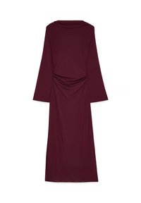 Long-sleeve dark burgundy dress with gathered detail at the waist and floor-length hem, displayed flat on a white background.