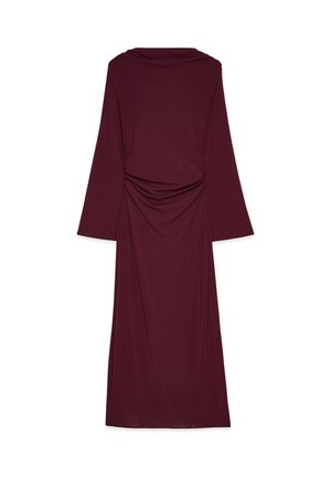 Long-sleeve dark burgundy dress with gathered detail at the waist and floor-length hem, displayed flat on a white background.