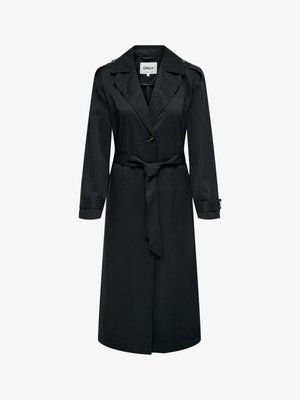 Trenci lung negru cu guler cu rever, închidere cu un singur nasture, cordon în talie și manșete cu nasturi, afișat pe un fundal alb.