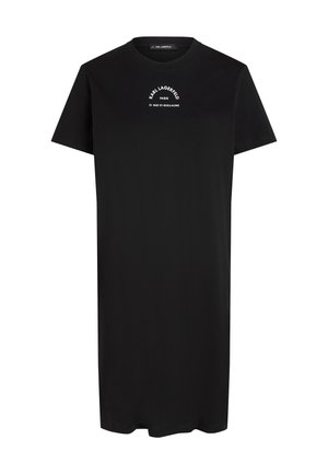 Zwart T-shirtjurk met korte mouwen en witte tekst "KARL LAGERFELD PARIS 21 RUE ST-GUILLAUME" centraal op de borst.
