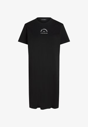 Zwart T-shirtjurk met korte mouwen en witte tekst "KARL LAGERFELD PARIS 21 RUE ST-GUILLAUME" centraal op de borst.