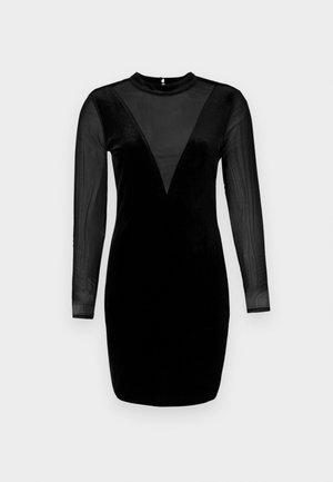 Black dress with long sheer sleeves, velvet body, and a V-shaped transparent neckline. Smooth texture with a fitted design.
