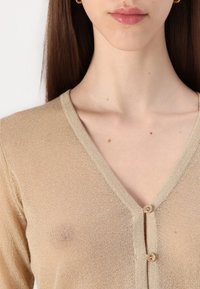 Beige, letvæg strik cardigan med V-hals, subtil glans og to frontknapper. Glat tekstur med en tætsiddende pasform.