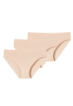 Three pairs of nude-colored seamless panties, featuring a simple design with a low-rise waist and smooth texture.