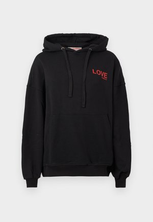 Black hoodie made of cotton with a front pocket, ribbed cuffs, and a drawstring hood. Features red "LOVE" text on the chest.