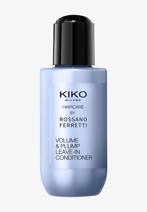 Flacon bleu du Kiko Milano Haircare by Rossano Ferretti Volume and Plump Leave-in Conditioner avec bouchon à clapet noir.