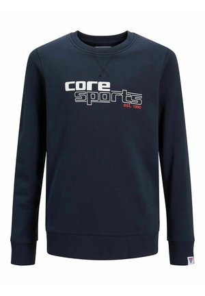 Marineblaue Langarm-Sweatshirt mit dem weißen und roten Schriftzug "core sports est. 1990" auf der Brust, Rippbündchen an den Ärmeln und am Saum.