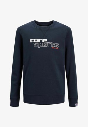 Sweatshirt à manches longues bleu marine avec le texte "core sports est. 1990" en blanc et rouge sur la poitrine, avec poignets et ourlet côtelés.