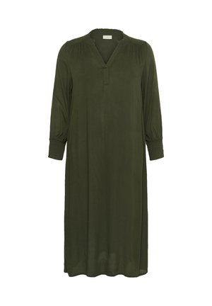 Olivgrünes, knielanges Kleid mit V-Ausschnitt, dreiviertellangen Ärmeln und Raffung an den Schultern und an den Manschetten. Weicher, fließender Stoff.