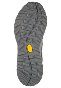 Soletta di scarpa in gomma grigia caratterizzata da scanalature profonde e angolari, un logo Vibram giallo e una superficie testurizzata per una migliore presa e trazione.