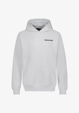 Weißer Kapuzenpullover mit einer vorderen Tasche, auf der linken Brustseite mit dem schwarzen Text "WORLDWIDE". Weicher Stoff, lässiges Design.