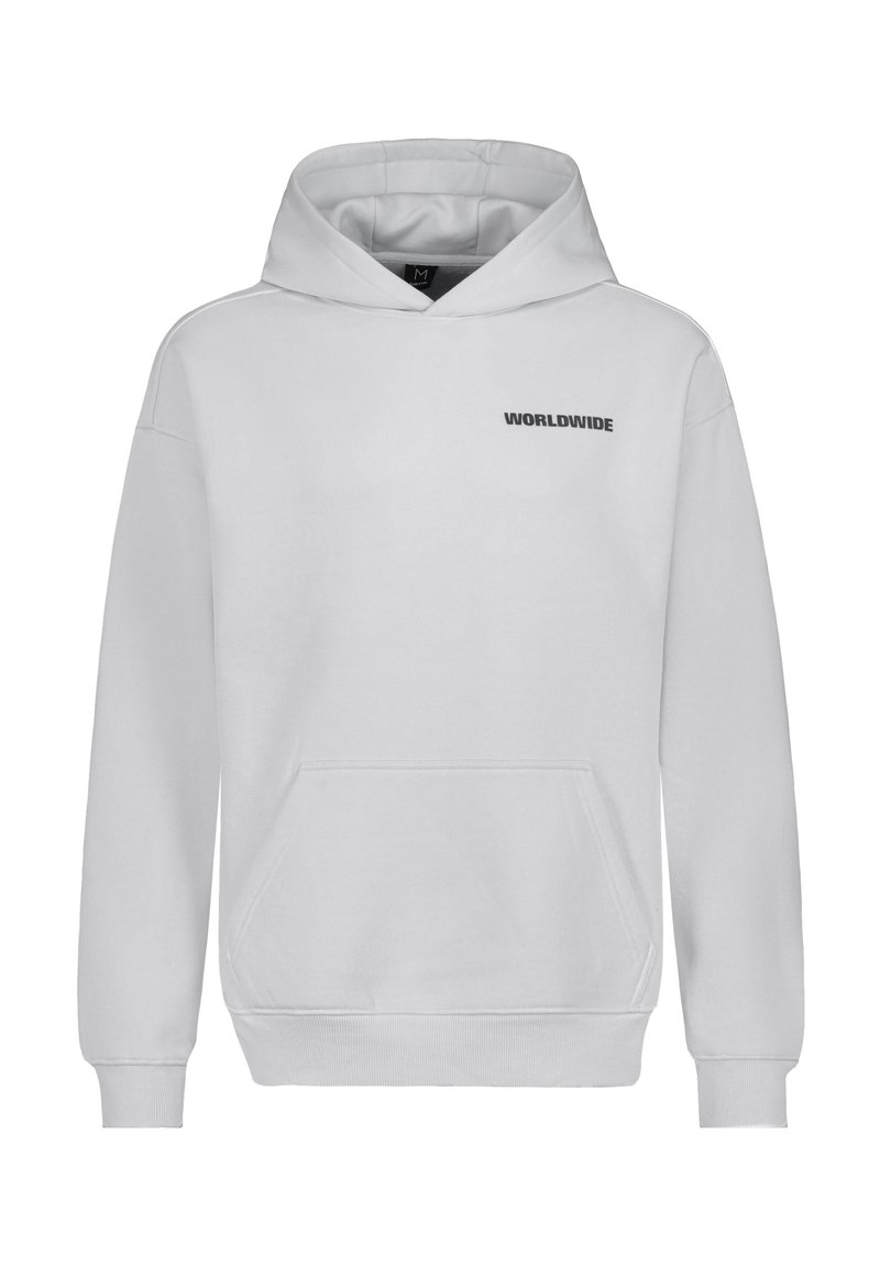 White hooded sweatshirt with a front pocket, featuring the text "WORLDWIDE" in black on the left chest area. Soft fabric, casual design.