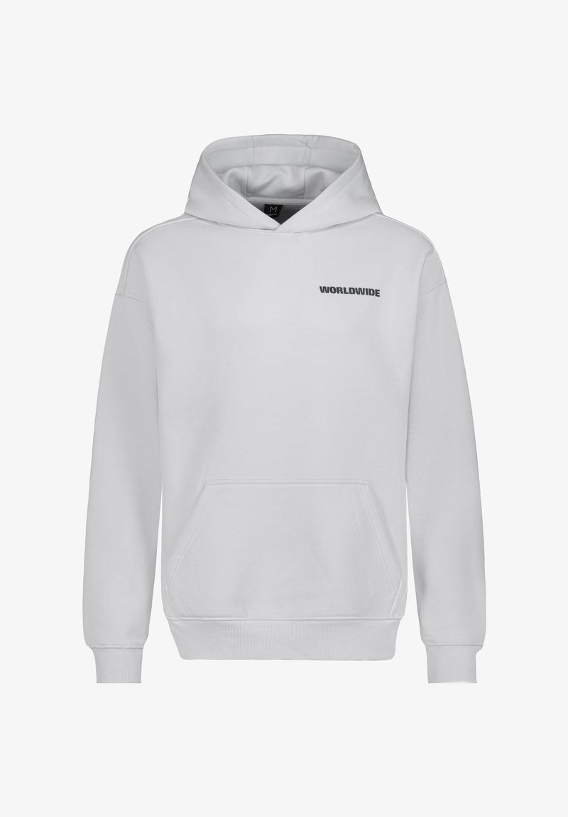 White hooded sweatshirt with a front pocket, featuring the text "WORLDWIDE" in black on the left chest area. Soft fabric, casual design.