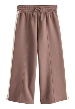 Wide-leg mauve pants with elastic waistband, drawstring, and white side stripes, displayed flat against white background.