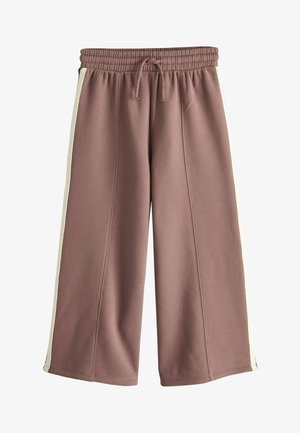 Spodnie o szerokich nogawkach w kolorze mauve z elastycznym paskiem w talii, sznurkiem do wiązania i białymi paskami po bokach, pokazane na płasko na białym tle.
