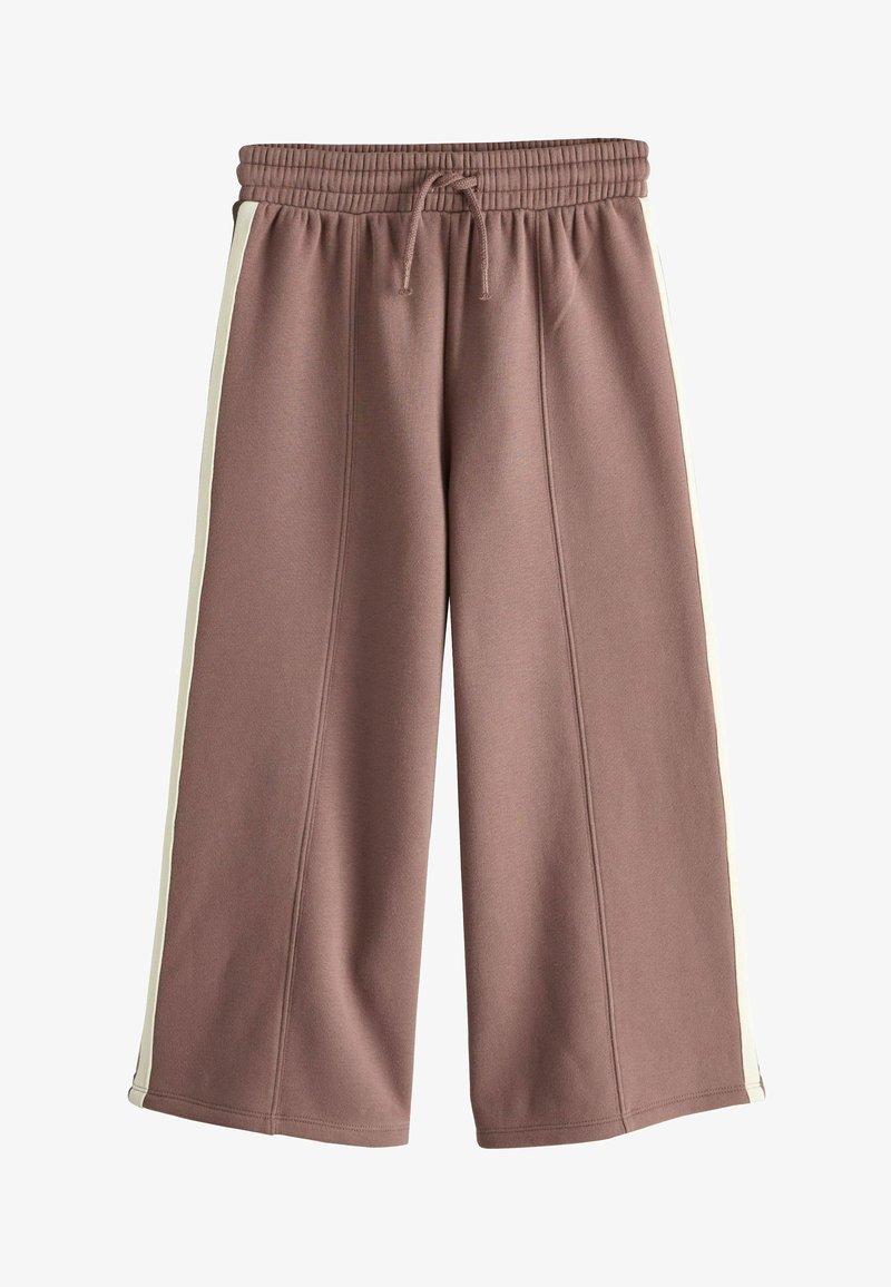 Weite fliederfarbene Hosen mit elastischem Bund, Kordelzug und weißen Seitenstreifen, flach auf weißem Hintergrund präsentiert.