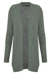 Dlouhý svetr s otevřeným předním dílem v tlumené zelené barvě s texturovaným, vzdušným vzorem pletení a žebrovanými manžetami a lemem.