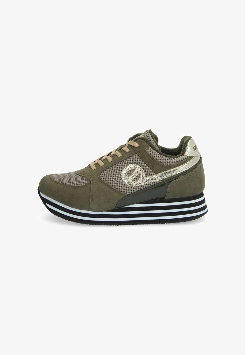 Olive green sneakers with mesh and suede materials. Features gold accents, a striking logo, and a black and white striped sole design.