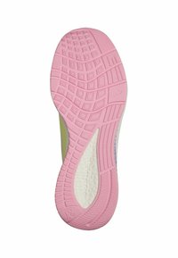 Suola della scarpa con una base in gomma rosa e un motivo antiscivolo testurizzato, intersuola bianca e forma curva per comfort e flessibilità.