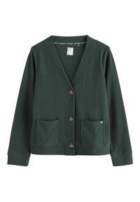 Cardigan côtelé vert foncé avec col en V, trois boutons marron sur le devant, manches longues et deux poches plaquées devant.