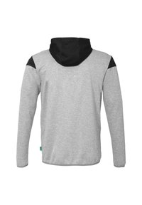 Grå hættetrøje med sort hætte og skulderdetaljer. Har lange ærmer og en afslappet pasform. Lavet af blødt fleece-materiale.