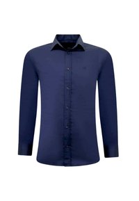 Donkerblauwe overhemd met lange mouwen, gestructureerde kraag, knoopsluiting aan de voorkant en een gladde stofstructuur. Bevat een klein logo op de borst.