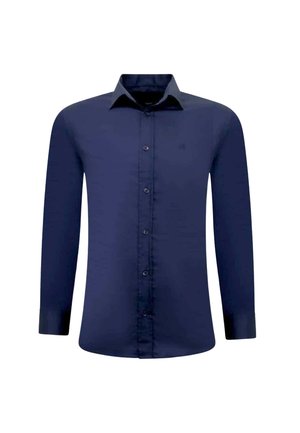Donkerblauwe overhemd met lange mouwen, gestructureerde kraag, knoopsluiting aan de voorkant en een gladde stofstructuur. Bevat een klein logo op de borst.