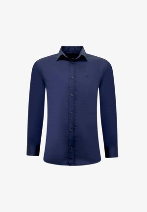 Donkerblauwe overhemd met lange mouwen, gestructureerde kraag, knoopsluiting aan de voorkant en een gladde stofstructuur. Bevat een klein logo op de borst.