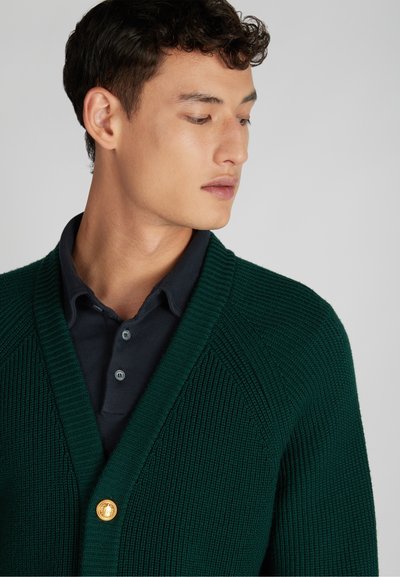Zielony sweter z dzianiny z szerokim kołnierzem, z jednym złotym guzikiem i ribbowanym materiałem. Nosi się go na ciemnej koszulce polo.