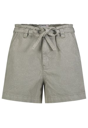 Beige Baumwollshorts mit hohem Bund, Gürtelschlaufen und einem gebundenen Stoffgürtel an der Taille, mit Seitentaschen und lockerer Passform.