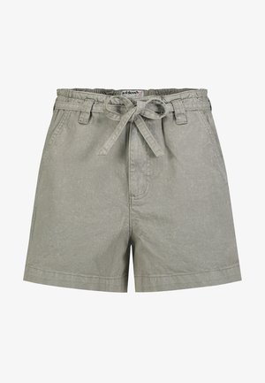 Beige Baumwollshorts mit hohem Bund, Gürtelschlaufen und einem gebundenen Stoffgürtel an der Taille, mit Seitentaschen und lockerer Passform.