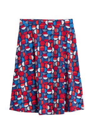 A blue skirt featuring a circular and striped pattern in red, white, and blue, made from a lightweight fabric, with a loose fit.