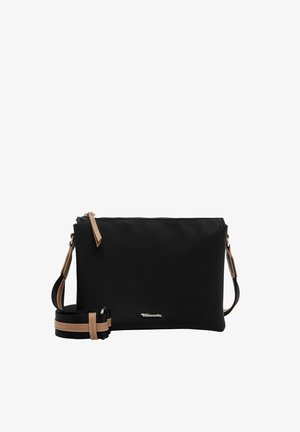 Sac bandoulière rectangulaire noir avec tirette de fermeture éclair beige et sangle noire réglable avec accents en cuir beige.