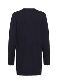 Suéter de punto negro de manga larga con puños y dobladillo acanalados, mostrado desde atrás sobre un fondo blanco.