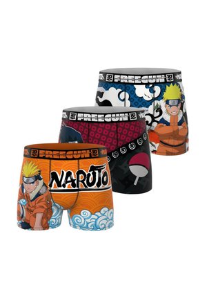 Trois paires de boxers avec des motifs inspirés de Naruto. Les matériaux sont en tissu doux ; les couleurs incluent l'orange, le bleu, le violet, le noir et le blanc.