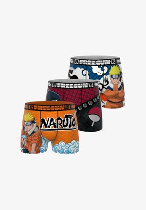 Trois paires de boxers avec des motifs inspirés de Naruto. Les matériaux sont en tissu doux ; les couleurs incluent l'orange, le bleu, le violet, le noir et le blanc.