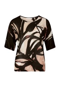 Koszulka z krótkim rękawem, wzorowana na abstrakcyjnych liściach w kolorze czarnym i beżowym. Wykonana z miękkiego materiału, o luźnym kroju i okrągłym dekolcie.