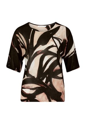 T-shirt med korte ærmer, der har et abstrakt bladmønster i sort og beige. Fremstillet af blødt stof med en afslappet pasform og rund hals.