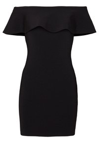 Vestito nero off-the-shoulder con scollo arricciato, silhouette aderente e tessuto elasticizzato, progettato per una vestibilità molto attillata.