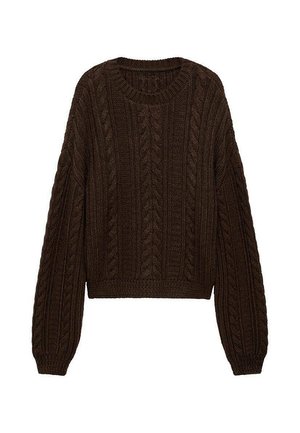 Bruine gebreide trui met een kabelpatroon, ronde halslijn en lange mouwen met een iets cropped fit. De textuur van de stof voegt diepte toe.