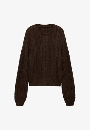 Bruine gebreide trui met een kabelpatroon, ronde halslijn en lange mouwen met een iets cropped fit. De textuur van de stof voegt diepte toe.