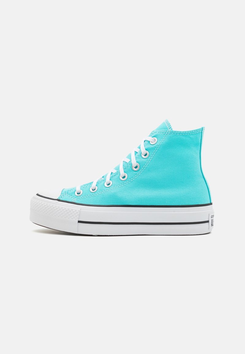 Baskets montantes en toile turquoise avec des lacets blancs et une semelle blanche épaisse ornée d'une bande noire, sur fond blanc.