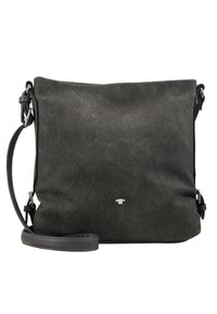 Borsa a tracolla in pelle grigia con finitura texturizzata, tracolla regolabile, hardware argentato e dettaglio del logo discreto sul davanti.