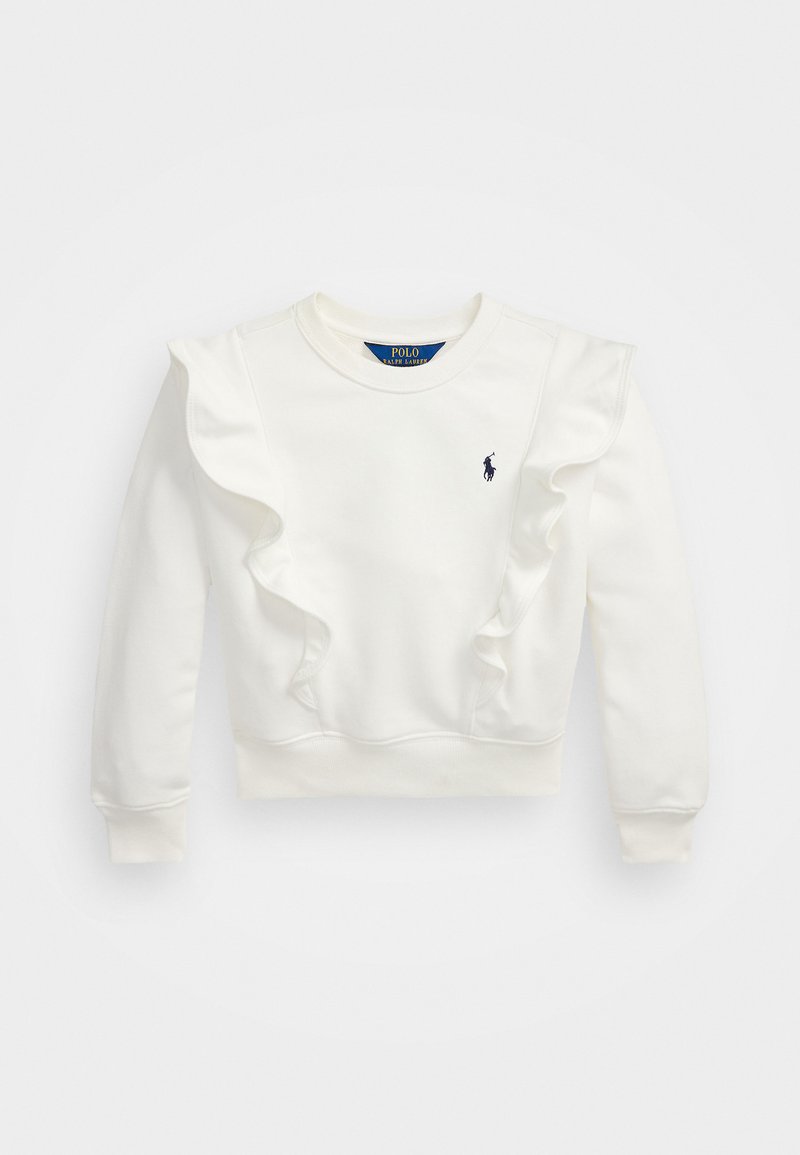 Weißes Sweatshirt mit Rüschenakzenten, Rundhalsausschnitt, langen Ärmeln und einem kleinen marineblauen Logo auf der Brust. Weicher Stoff mit glatter Textur.