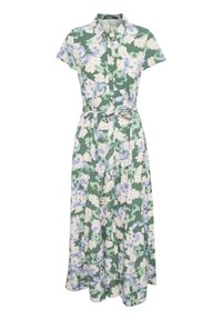 Floral shirt dress in green fabric, featuring blue and white flower patterns, short sleeves, a button-down front, and a belted waist.