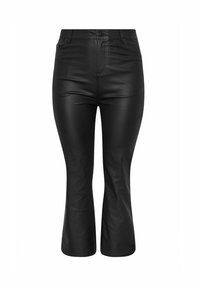 Svarta läderbyxor med hög midja, med utsvängd fåll och framfickor. Slät textur med synliga sömdetaljer.
